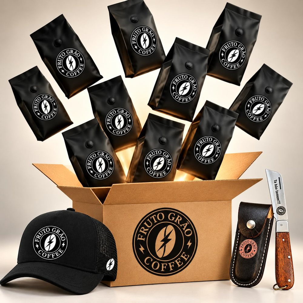 Kit Caixa 5 kg Torra Escura + Boné e Canivete: os pacotes de café e o que vai junto na caixa, na foto da Fruto Grão Coffee