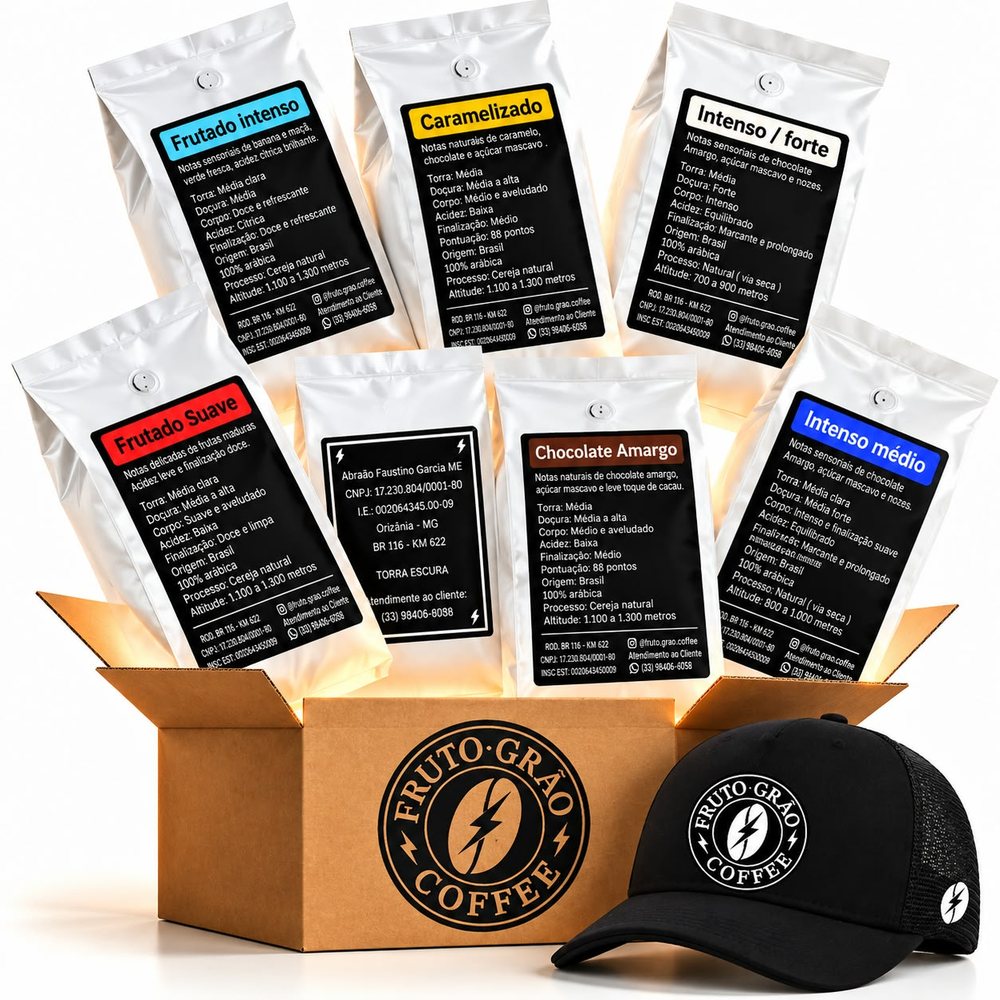 Kit Degustação Premium 7x 250g + Brinde (Boné): os sete cafés com o rótulo de cada um à mostra, na foto da Fruto Grão Coffee