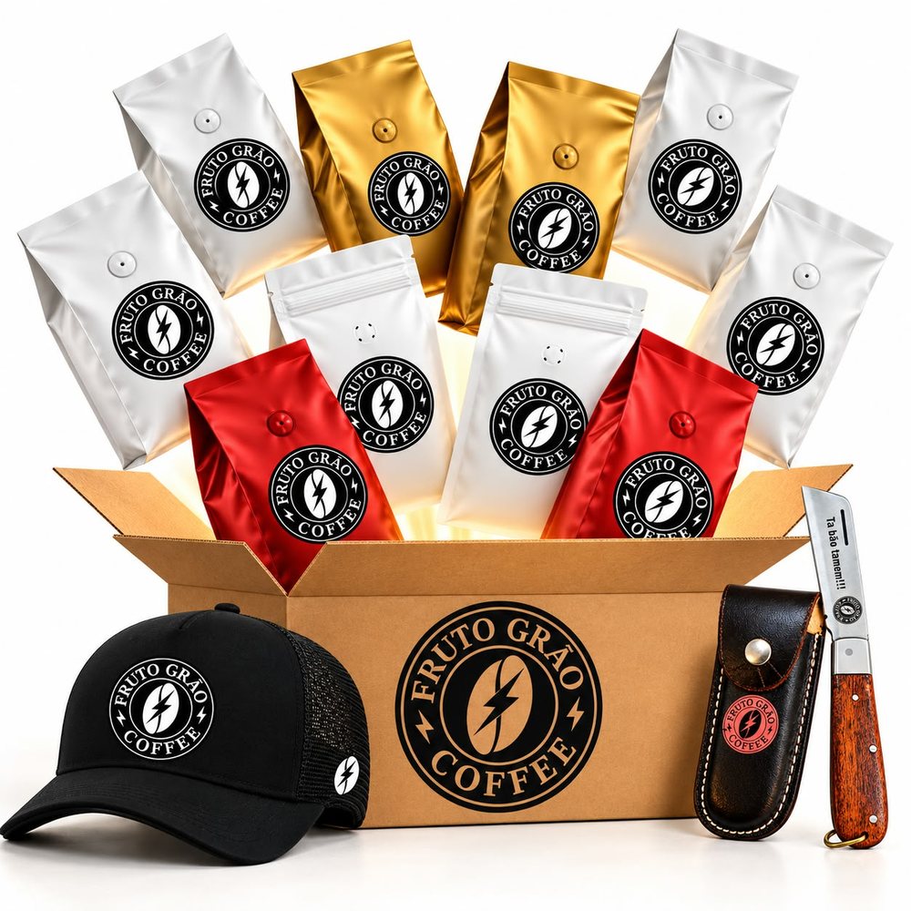 Kit Todos os Especiais 5 kg + Boné e Canivete: os dez pacotes dos especiais, o boné e o canivete, na foto da Fruto Grão Coffee